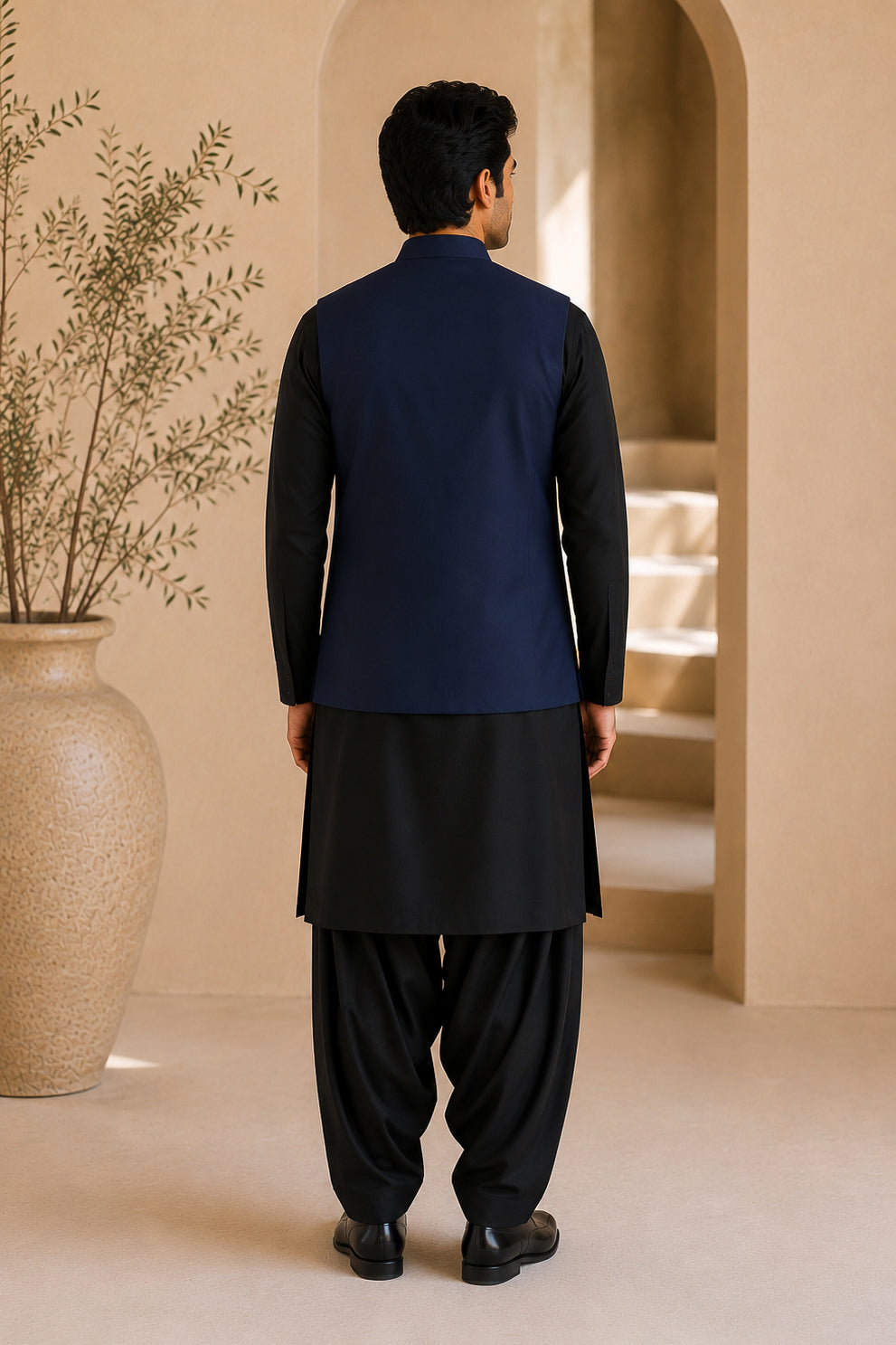 Black Kurta Shalwar with Navy Blue Suiting Waistcoat - Straight Cut - Men