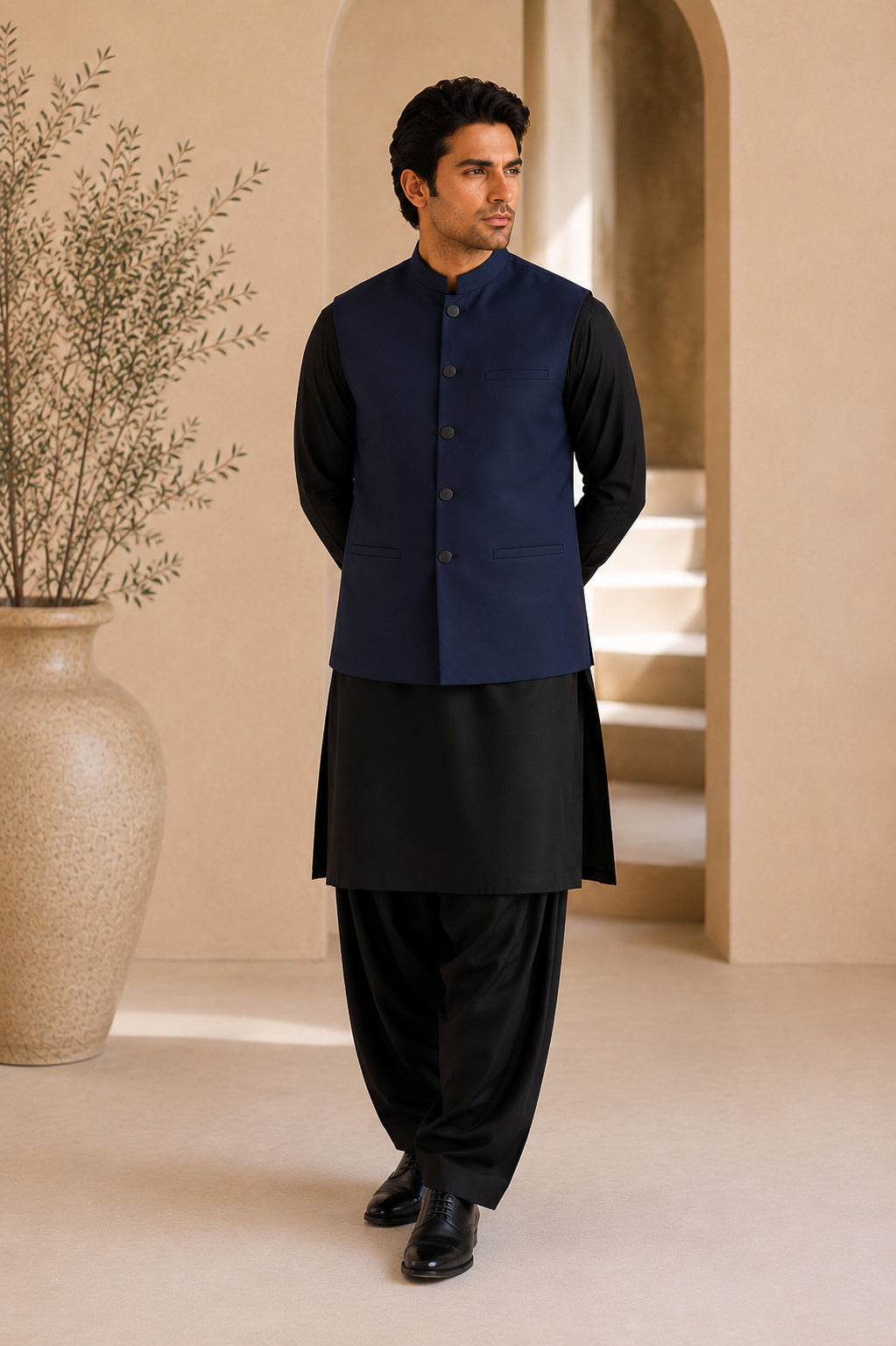 Black Kurta Shalwar with Navy Blue Suiting Waistcoat - Straight Cut - Men