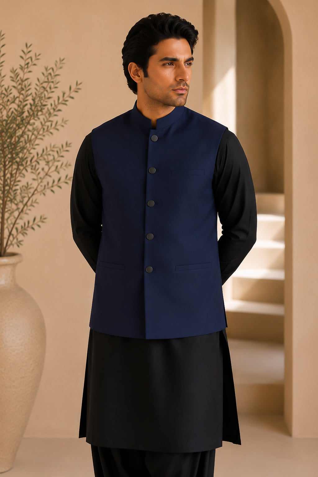 Black Kurta Shalwar with Navy Blue Suiting Waistcoat - Straight Cut - Men