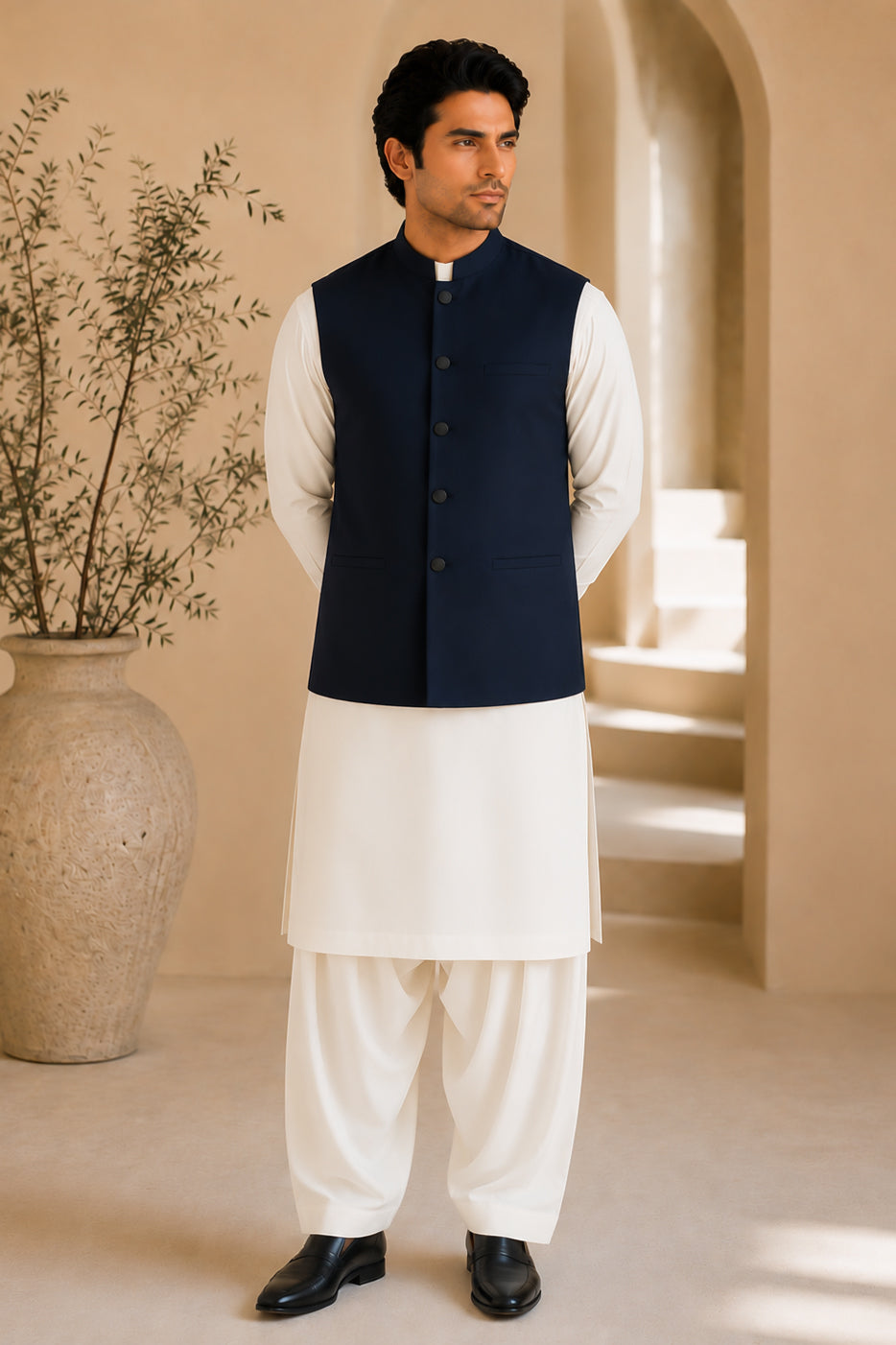 Navy Blue Suiting Waistcoat - Straight Cut Buttoned - Men
