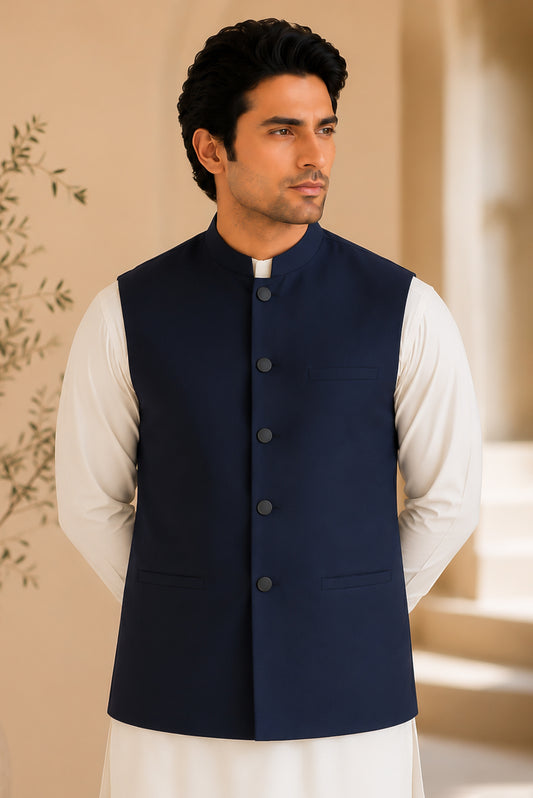Navy Blue Suiting Waistcoat - Straight Cut Buttoned - Men
