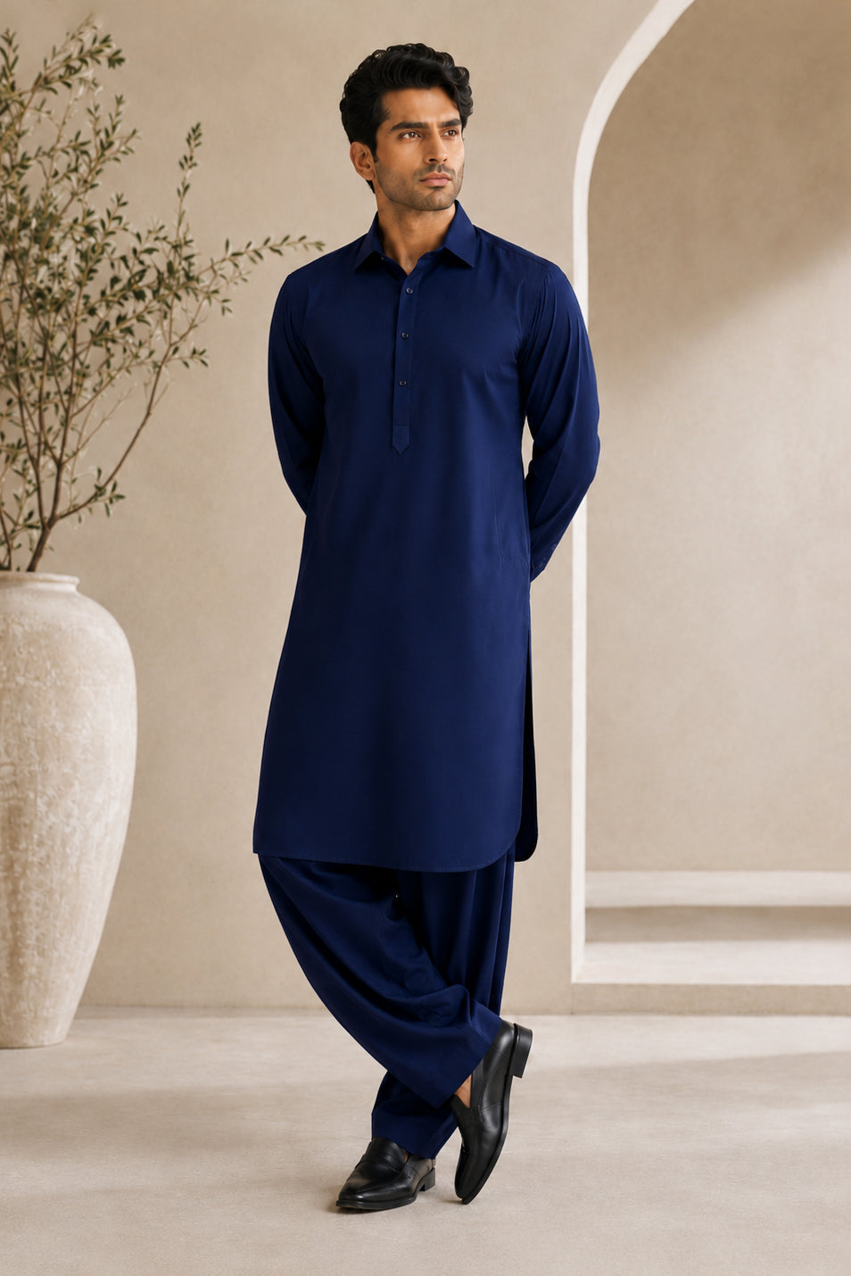 Navy Blue French Collar Shalwar Kameez - Stitched