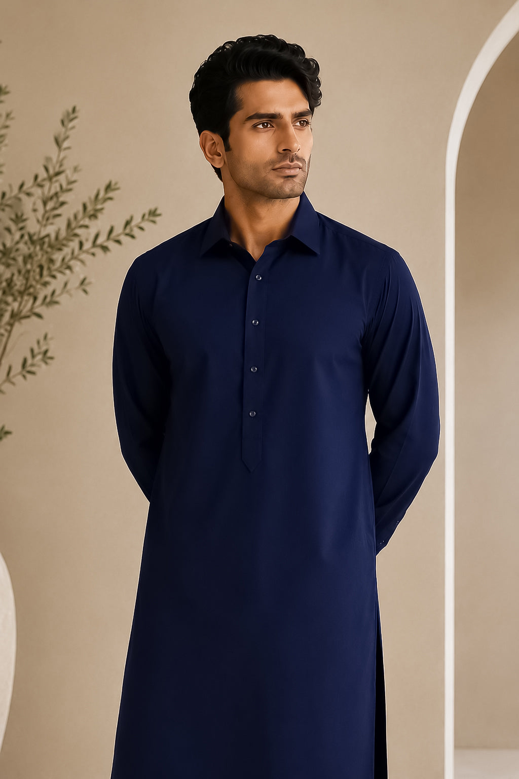 Navy Blue French Collar Shalwar Kameez - Stitched
