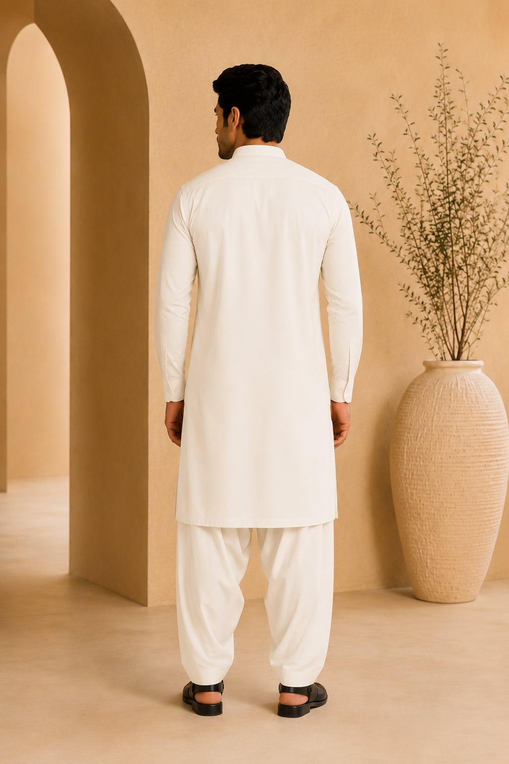 Off White Blended Kameez Shalwar - Men