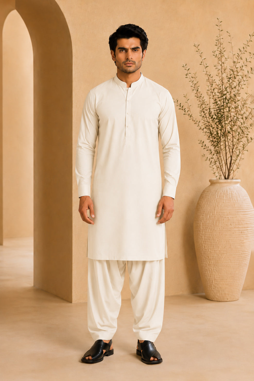 Off White Blended Kameez Shalwar - Men