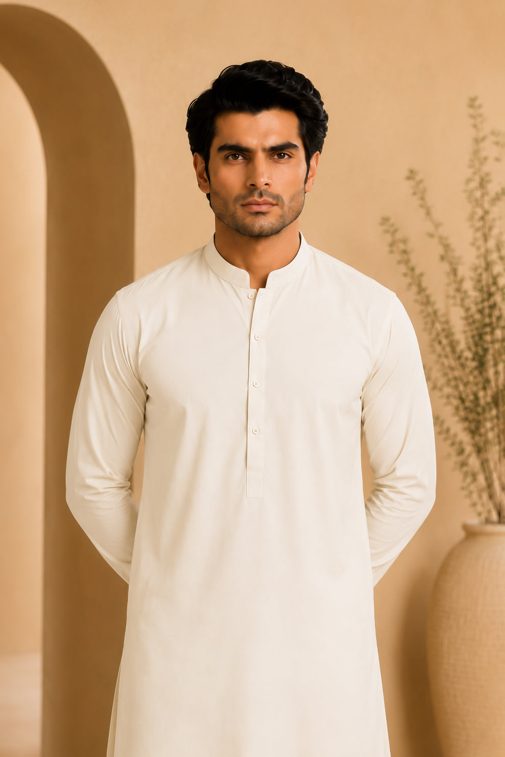 Off White Blended Kameez Shalwar - Men