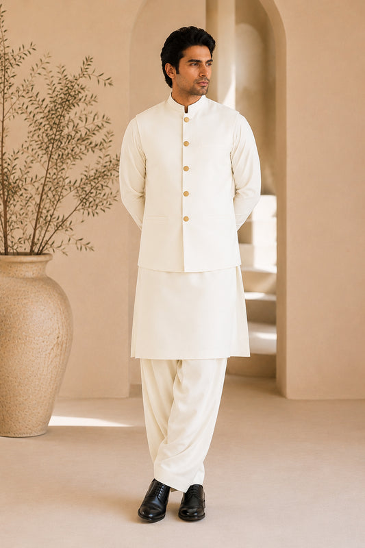 Off White Kurta Shalwar with Suiting Waistcoat - Straight Cut - Men