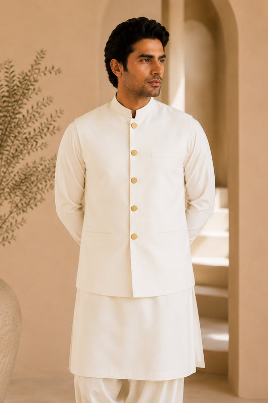 Off White Suiting Waistcoat - Straight Cut Buttoned - Men