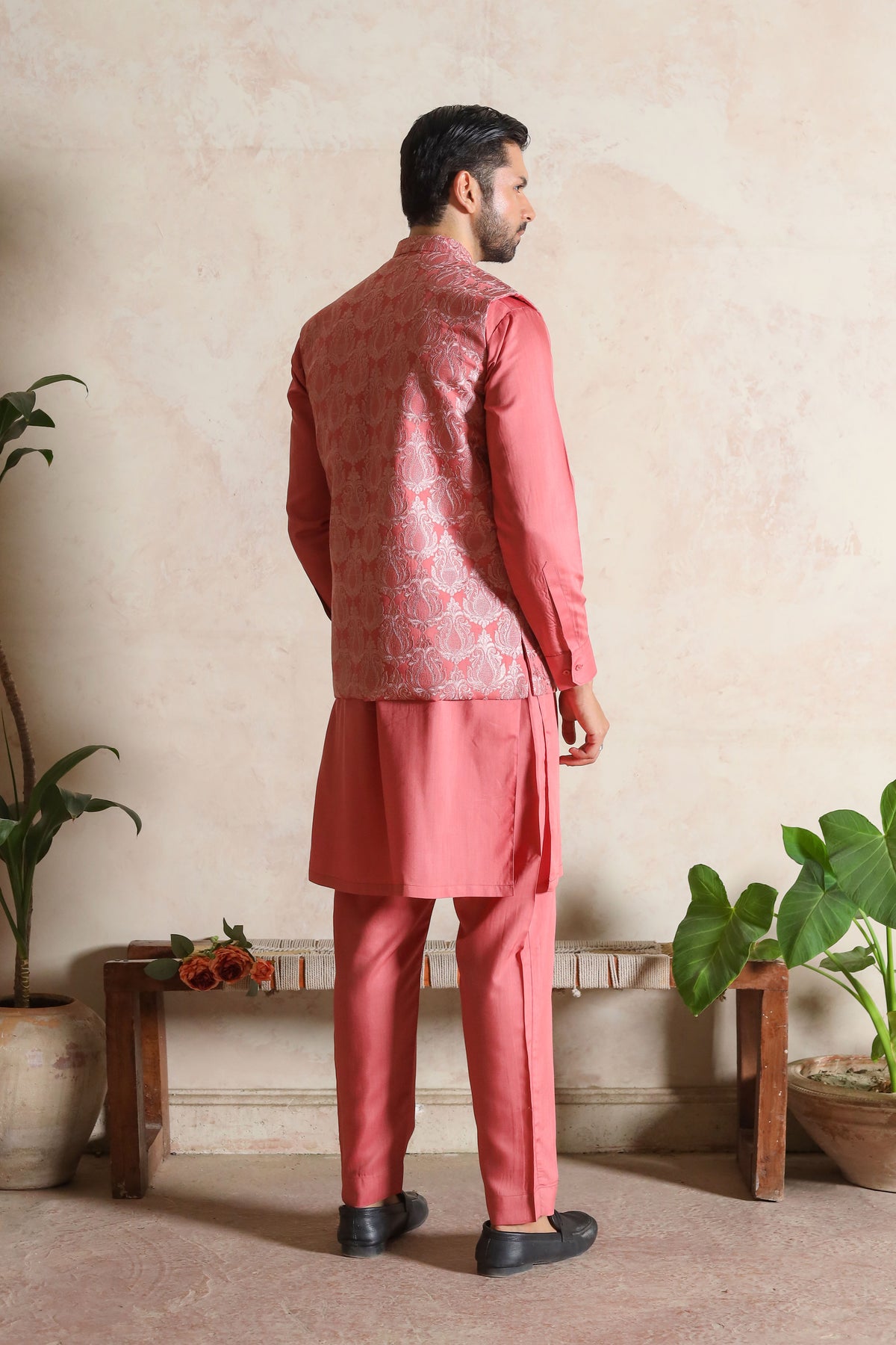 Coral Pink Embroidered Waistcoat with Kurta Trouser - Men