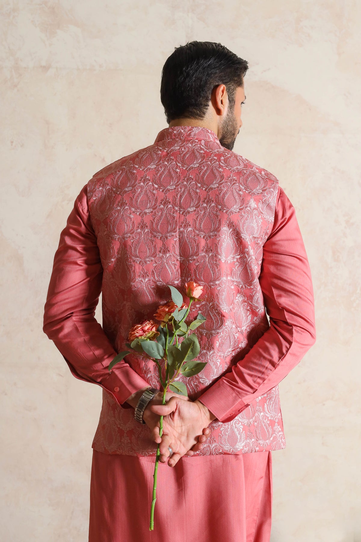 Coral Pink Embroidered Waistcoat with Kurta Trouser - Men