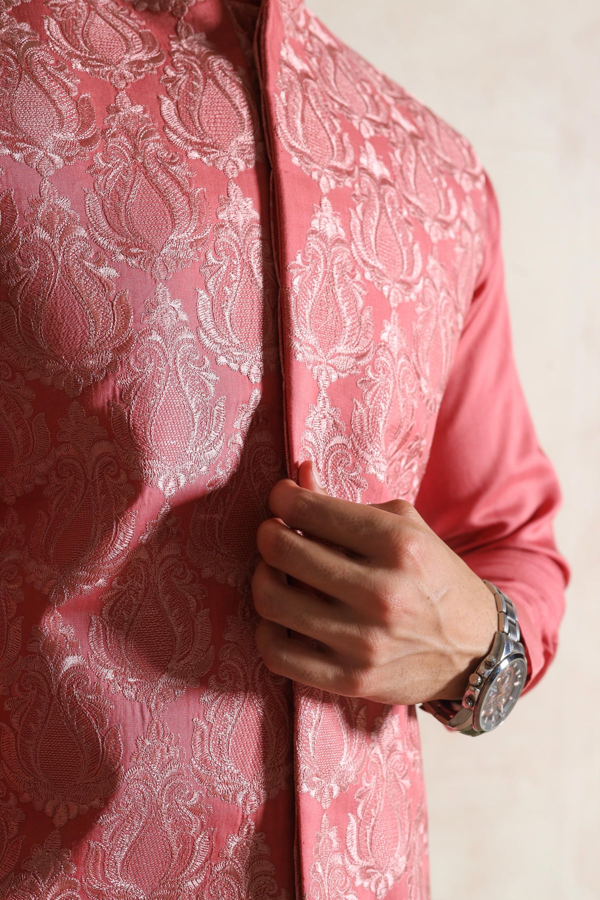 Coral Pink Embroidered Waistcoat with Kurta Trouser - Men