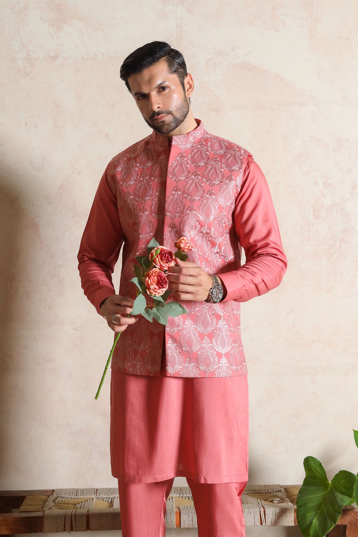 Coral Pink Embroidered Waistcoat with Kurta Trouser - Men