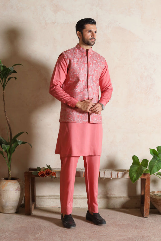 Coral Pink Embroidered Waistcoat with Kurta Trouser - Men
