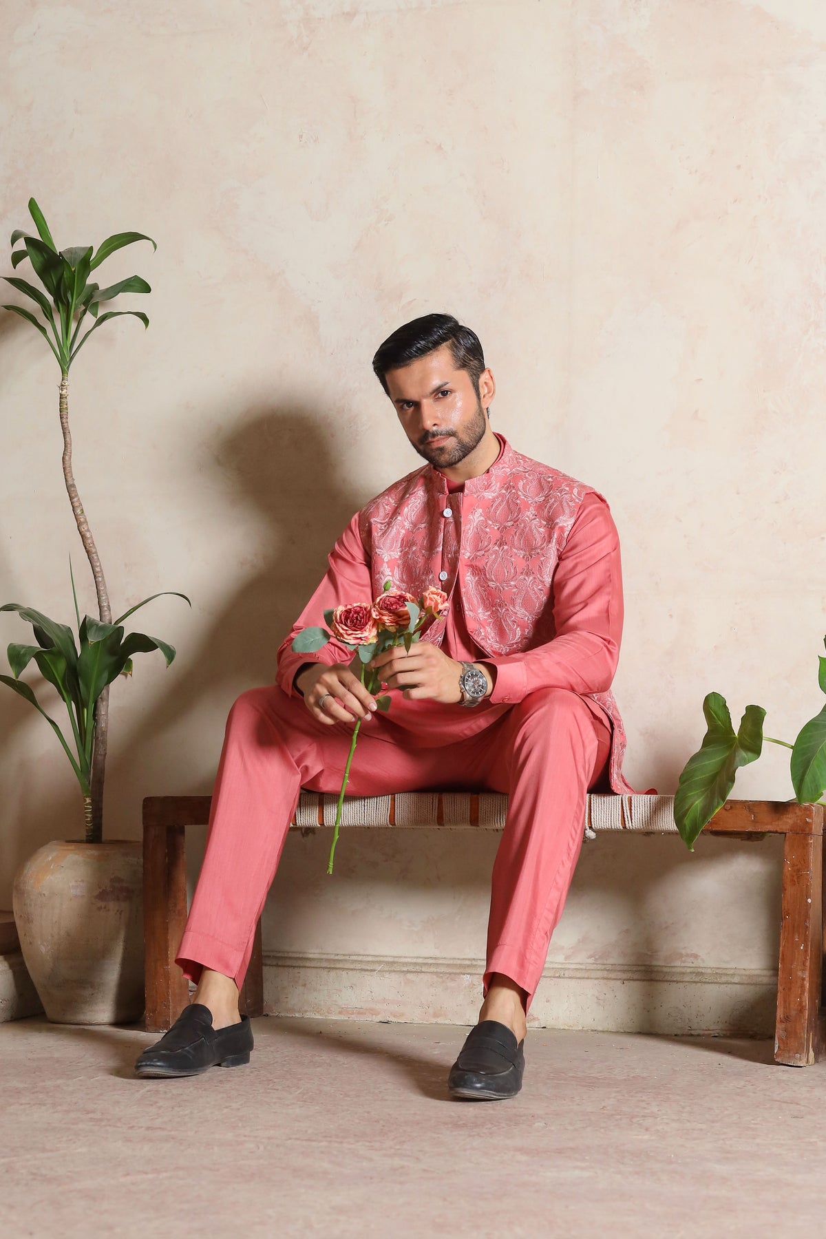 Coral Pink Embroidered Waistcoat with Kurta Trouser - Men