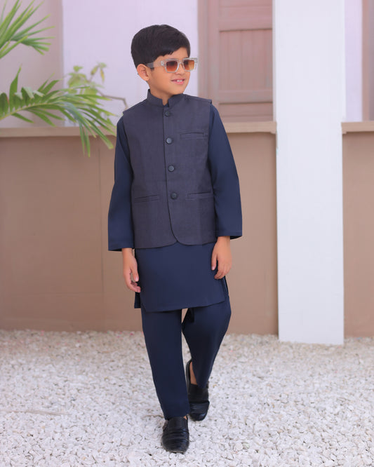 Gray Kurta Trouser with Suiting Waistcoat - Kids