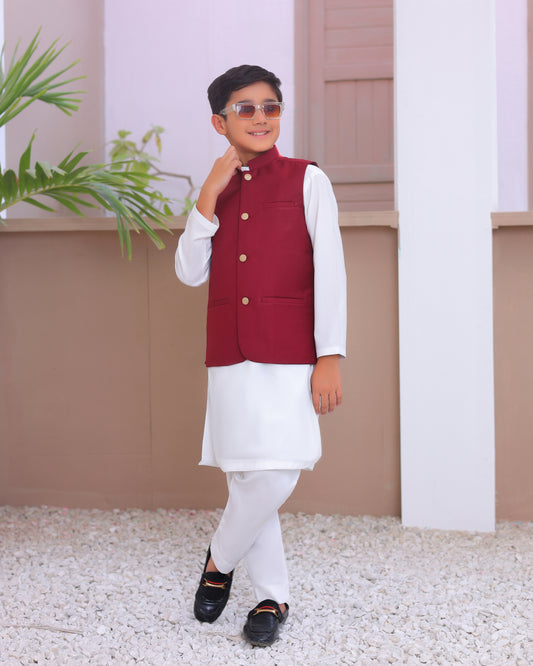 Off White Kurta Trouser with Maroon Suiting Waistcoat - Kids