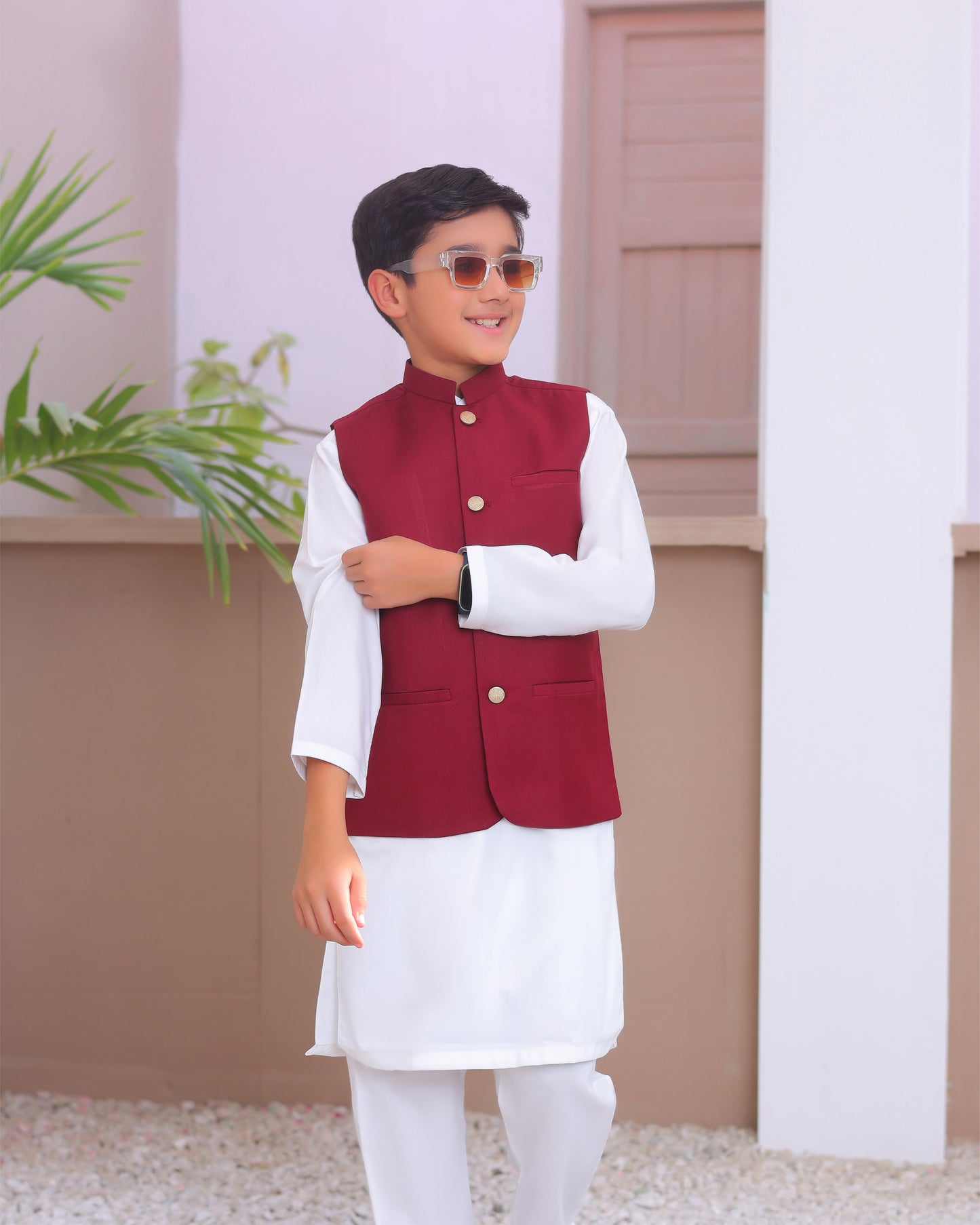 Off White Kurta Trouser with Maroon Suiting Waistcoat - Kids