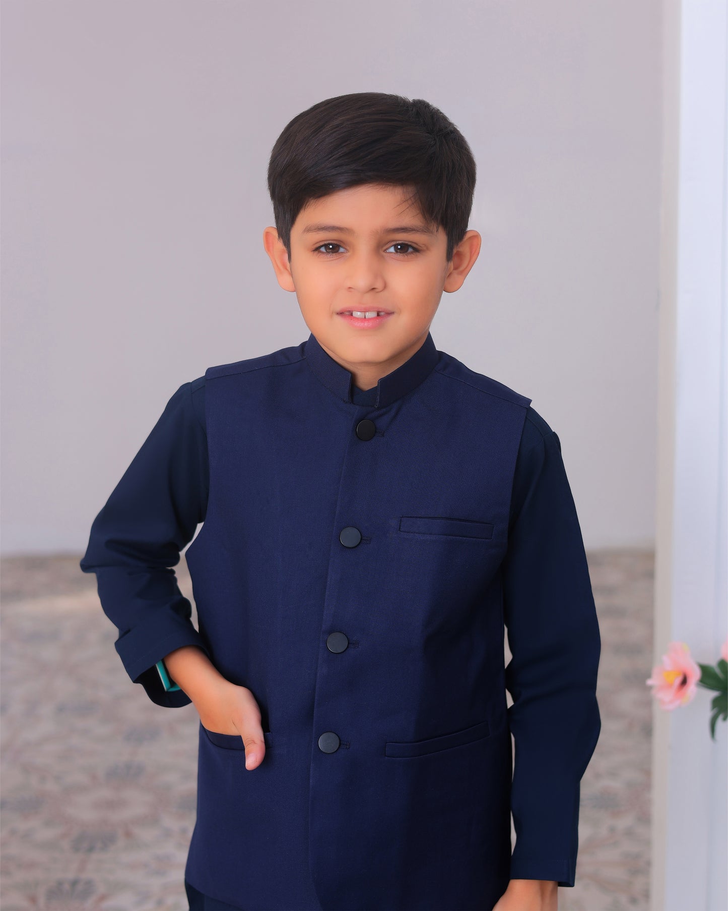 Navy Blue Kurta Trouser with Suiting Waistcoat - Kids