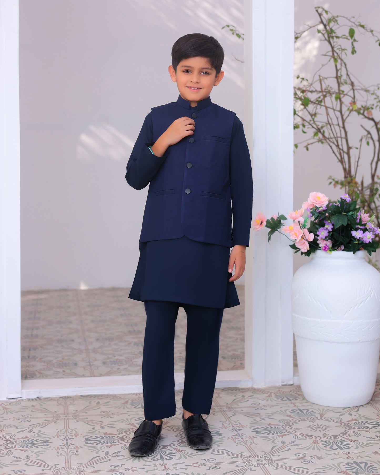 Navy Blue Kurta Trouser with Suiting Waistcoat - Kids