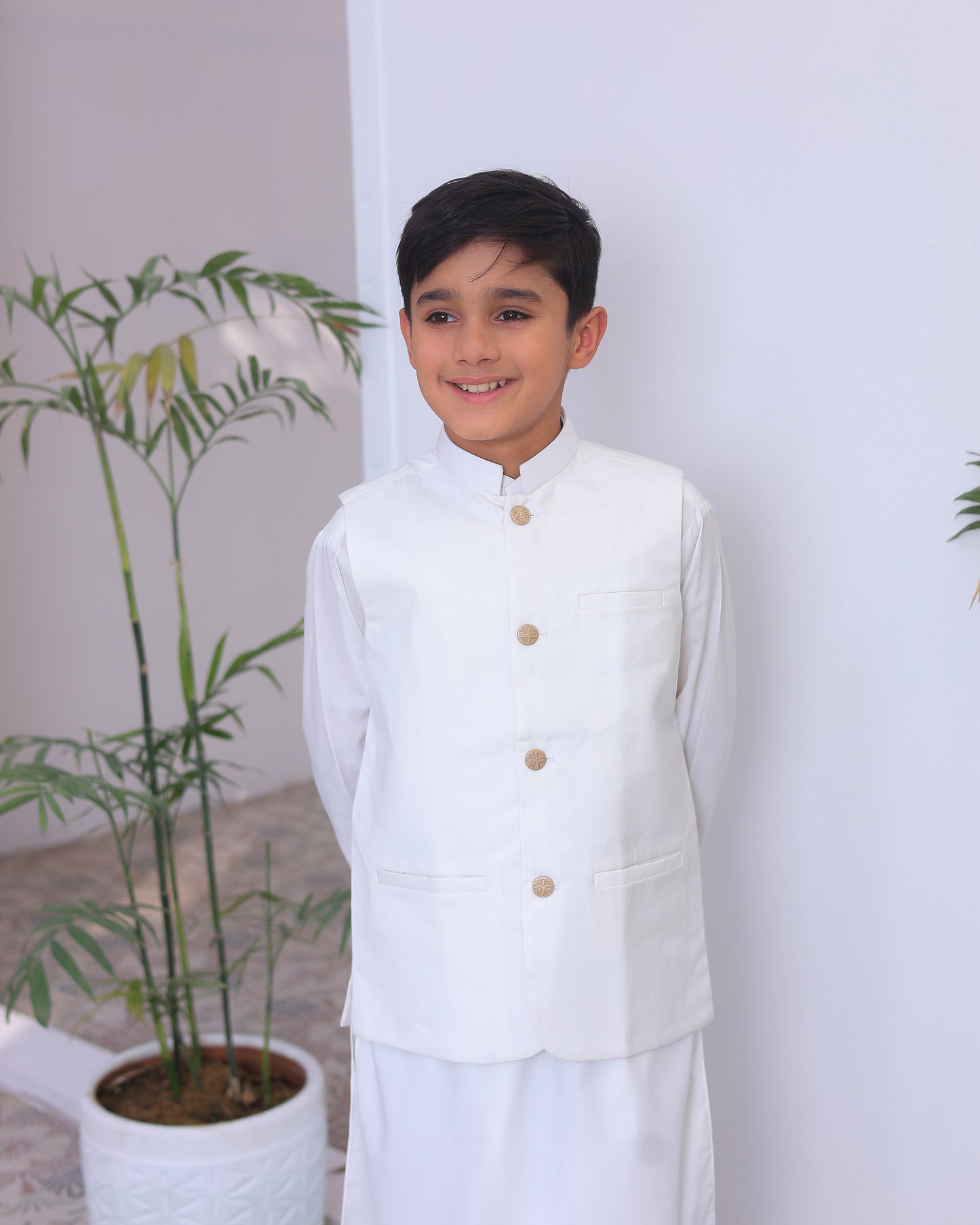 Off White Kurta Trouser with Suiting Waistcoat - Kids