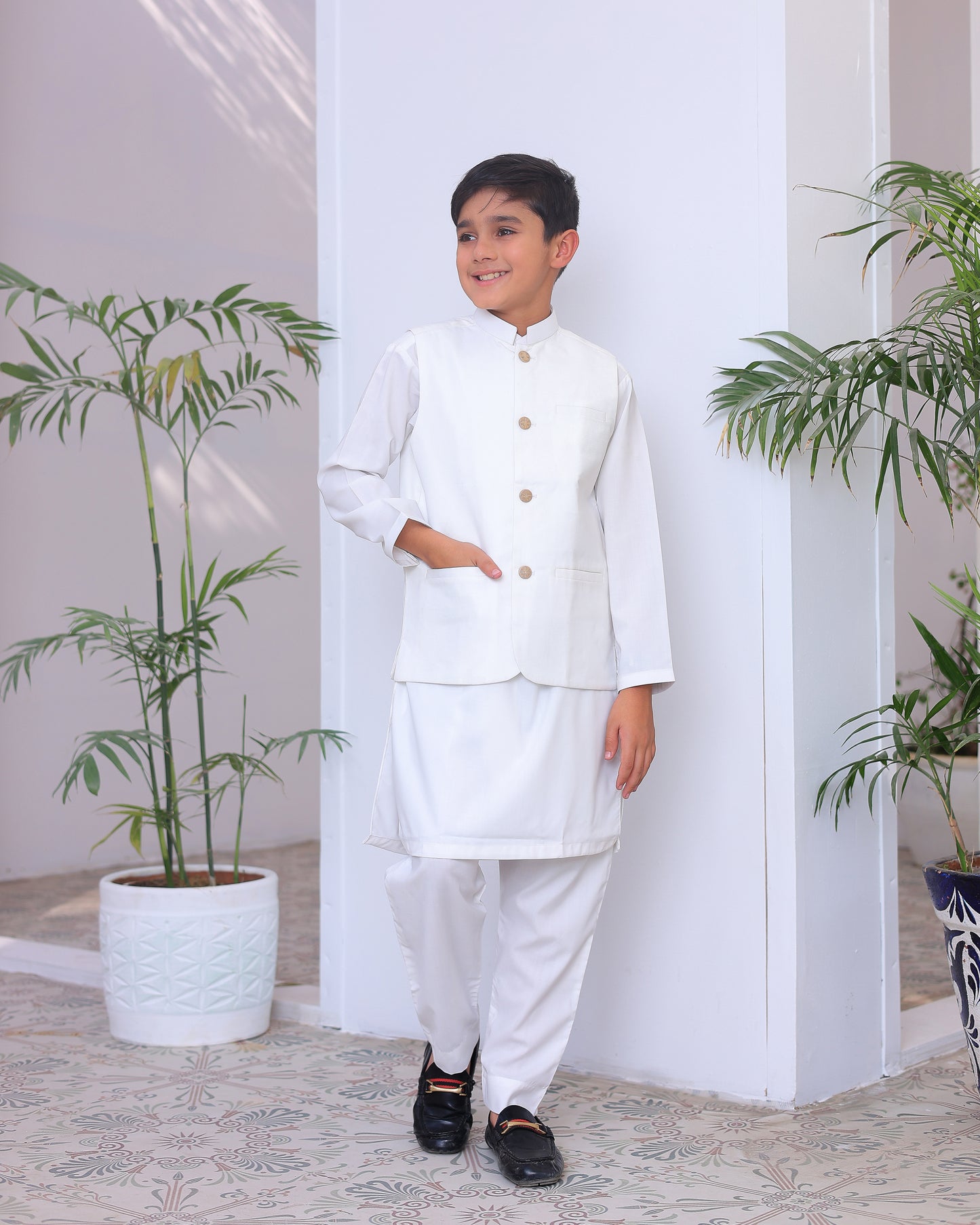 Off White Kurta Trouser with Suiting Waistcoat - Kids