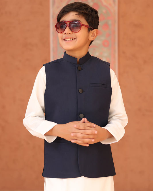 Off White Kurta Trouser with Navy Blue Suiting Waistcoat - Kids