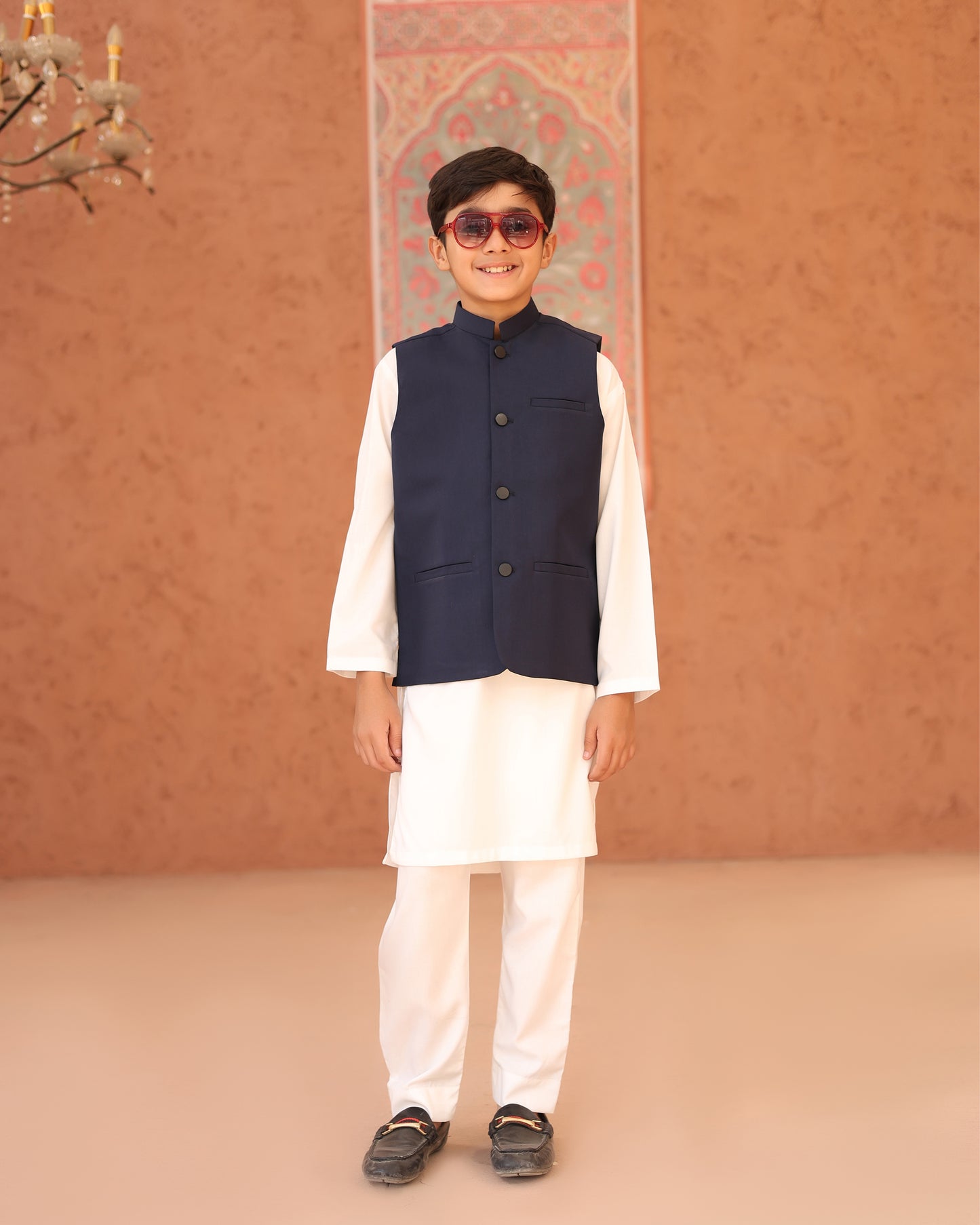 Off White Kurta Trouser with Navy Blue Suiting Waistcoat - Kids