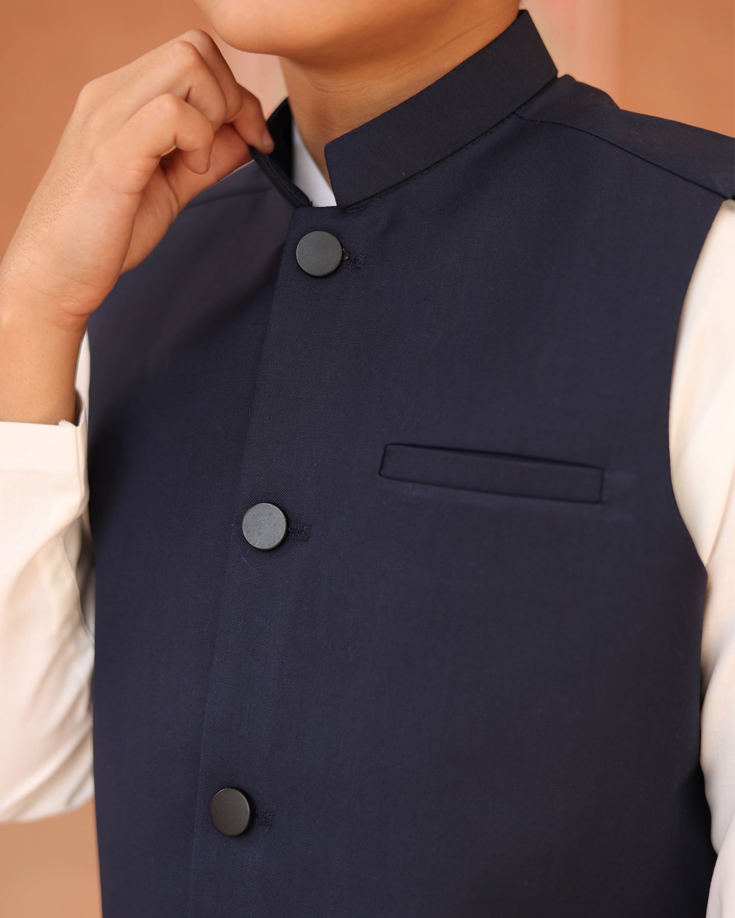 Off White Kurta Trouser with Navy Blue Suiting Waistcoat - Kids