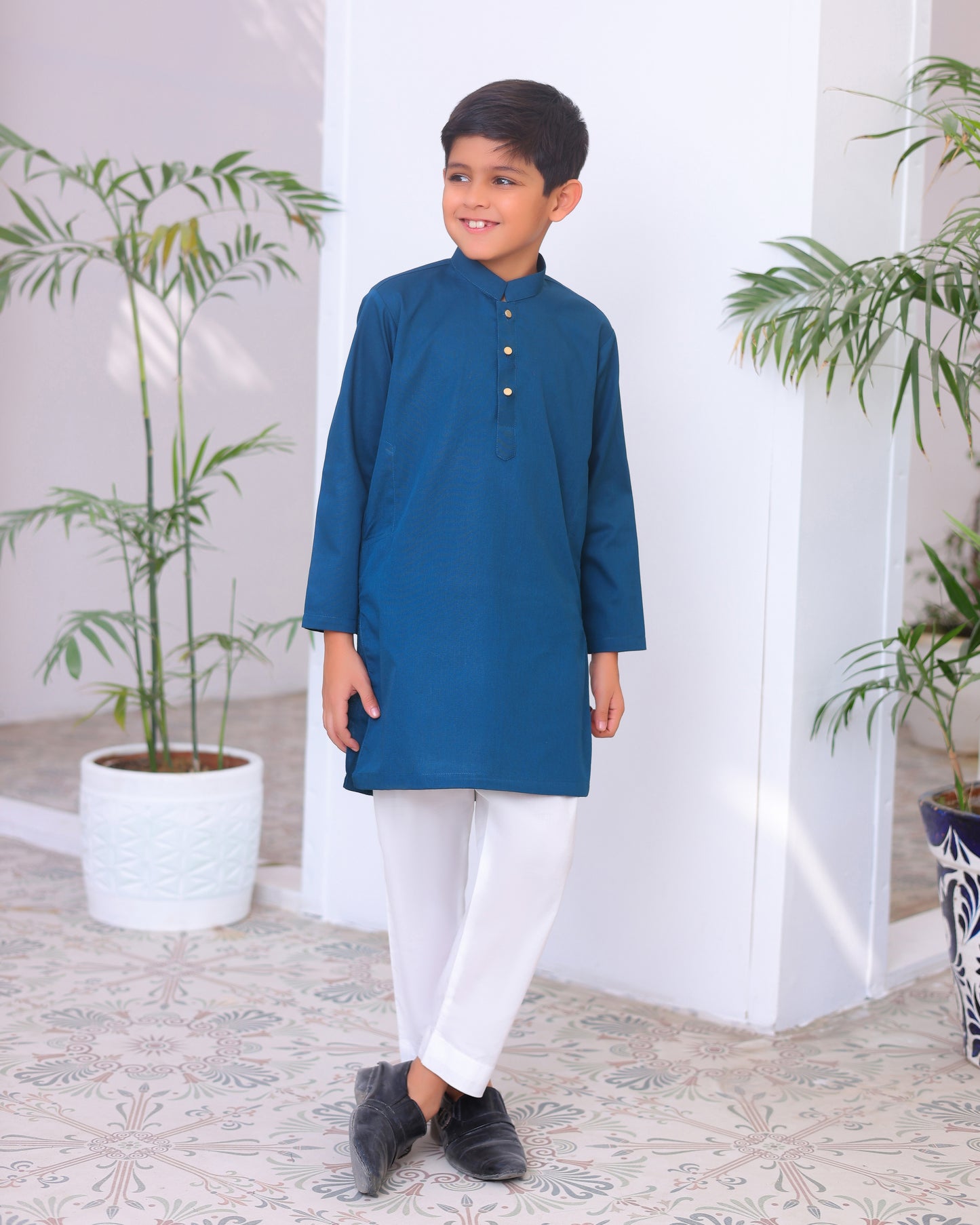 French Blue Cotton Kurta Trouser - Kids