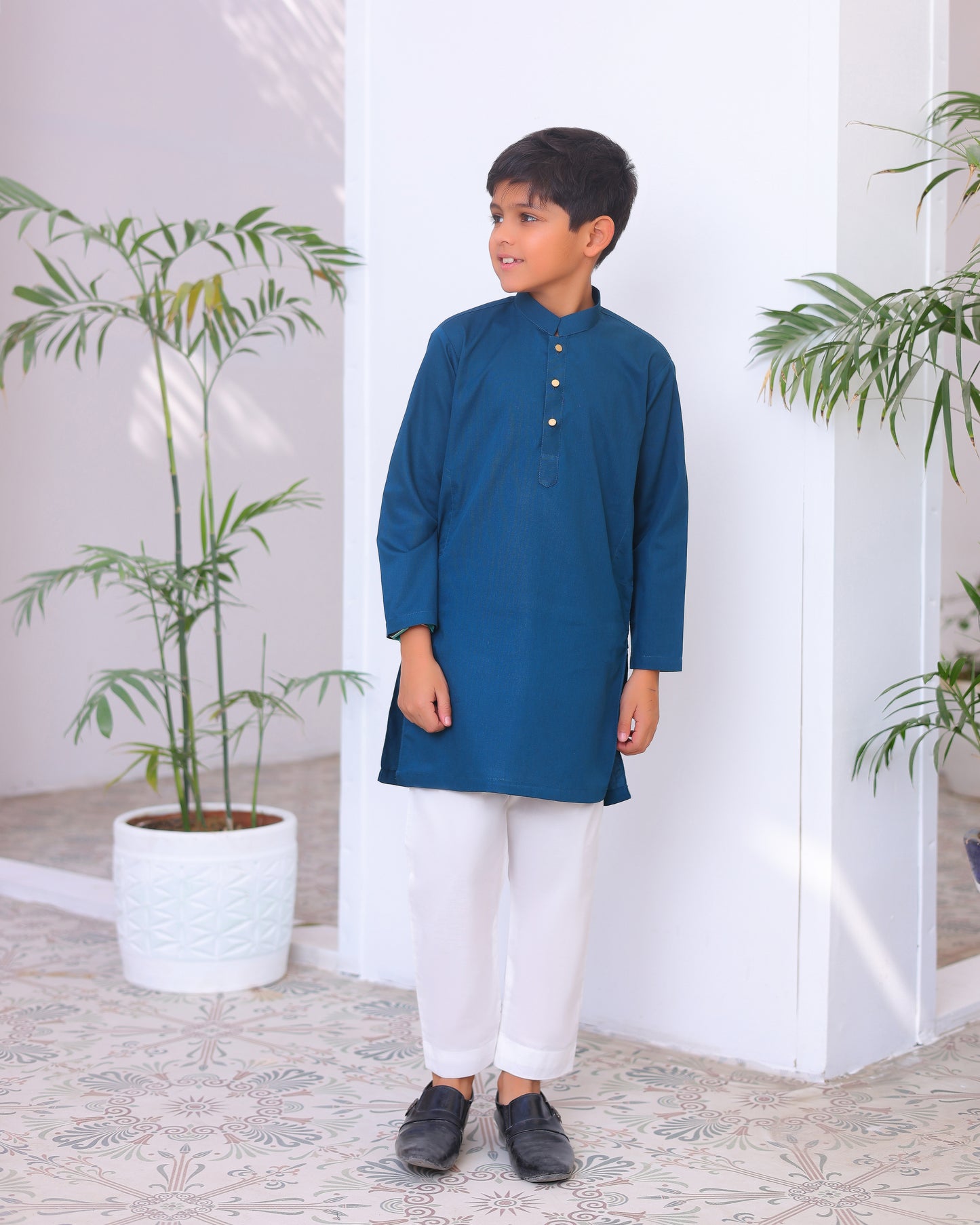 French Blue Cotton Kurta Trouser - Kids