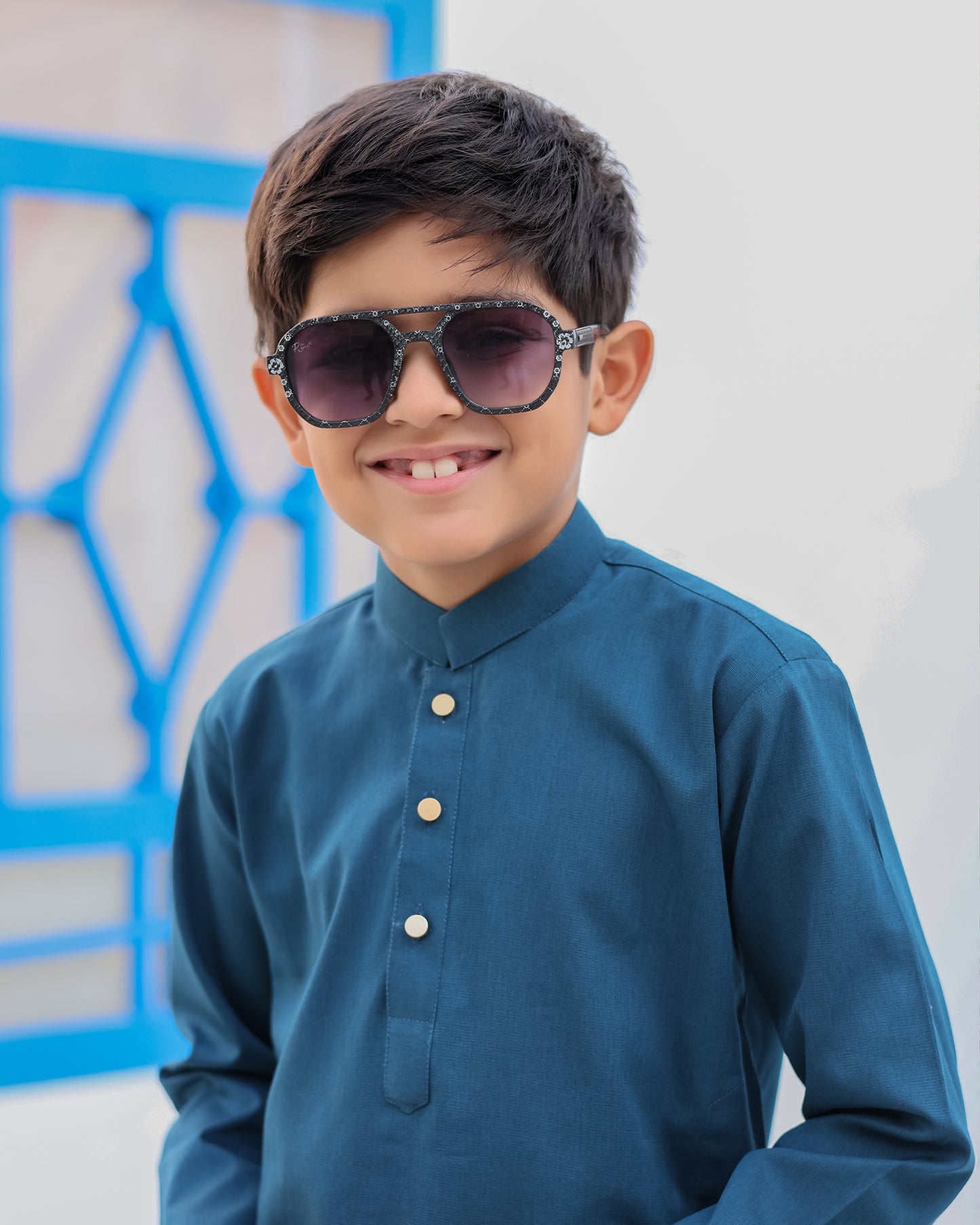 French Blue Cotton Kurta Trouser - Kids