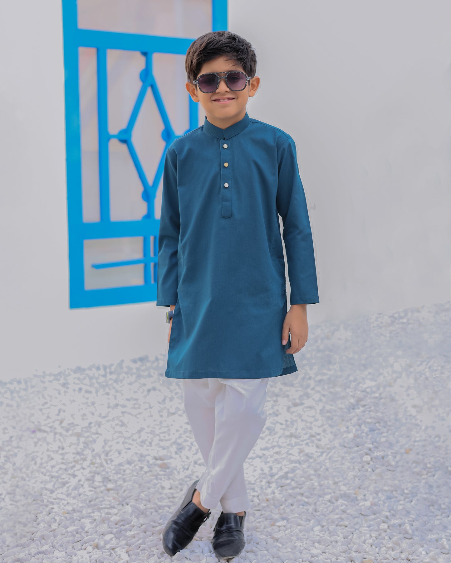 French Blue Cotton Kurta Trouser - Kids