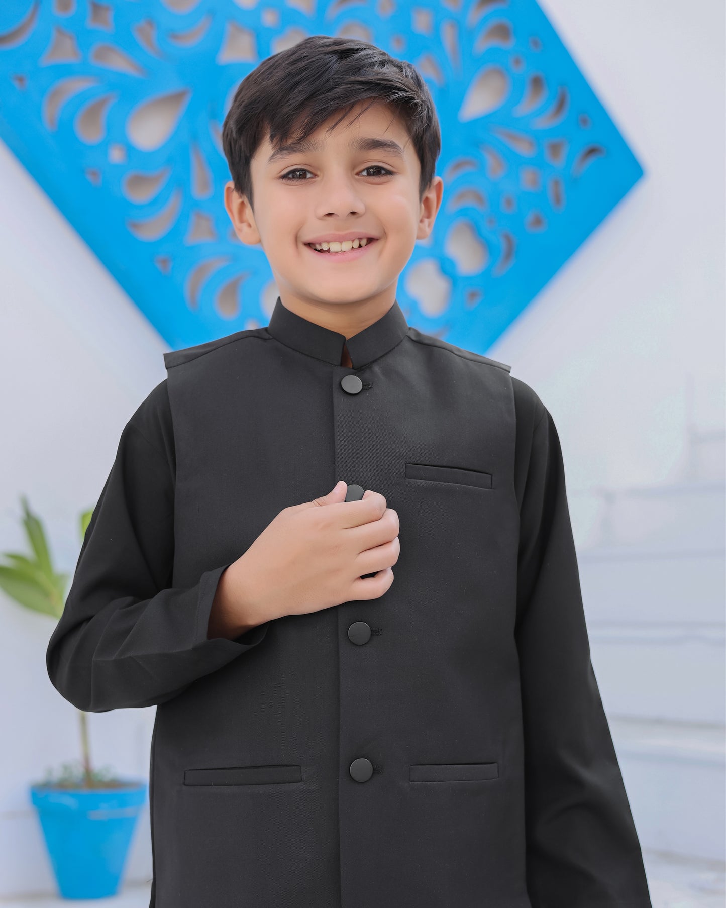 Black Kurta Trouser with Suiting Waistcoat - Kids