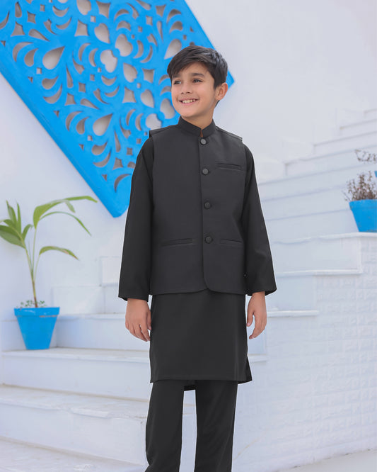 Black Kurta Trouser with Suiting Waistcoat - Kids