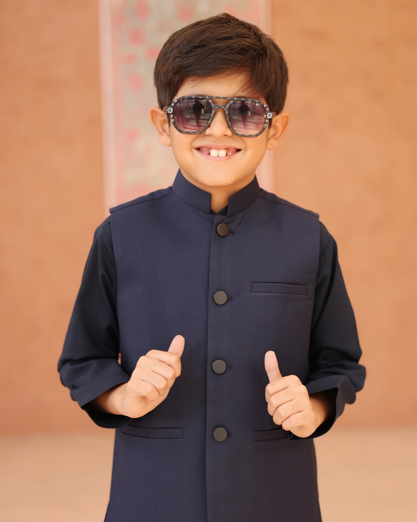 Navy Blue Kurta Trouser with Suiting Waistcoat - Kids