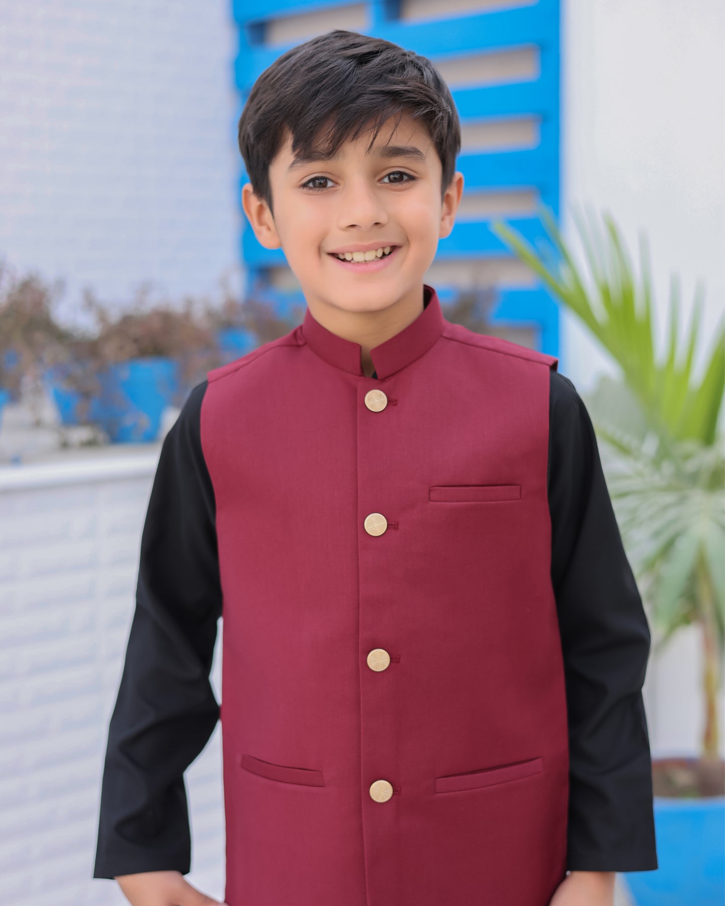 Black Kurta Trouser with Maroon Suiting Waistcoat - Kids