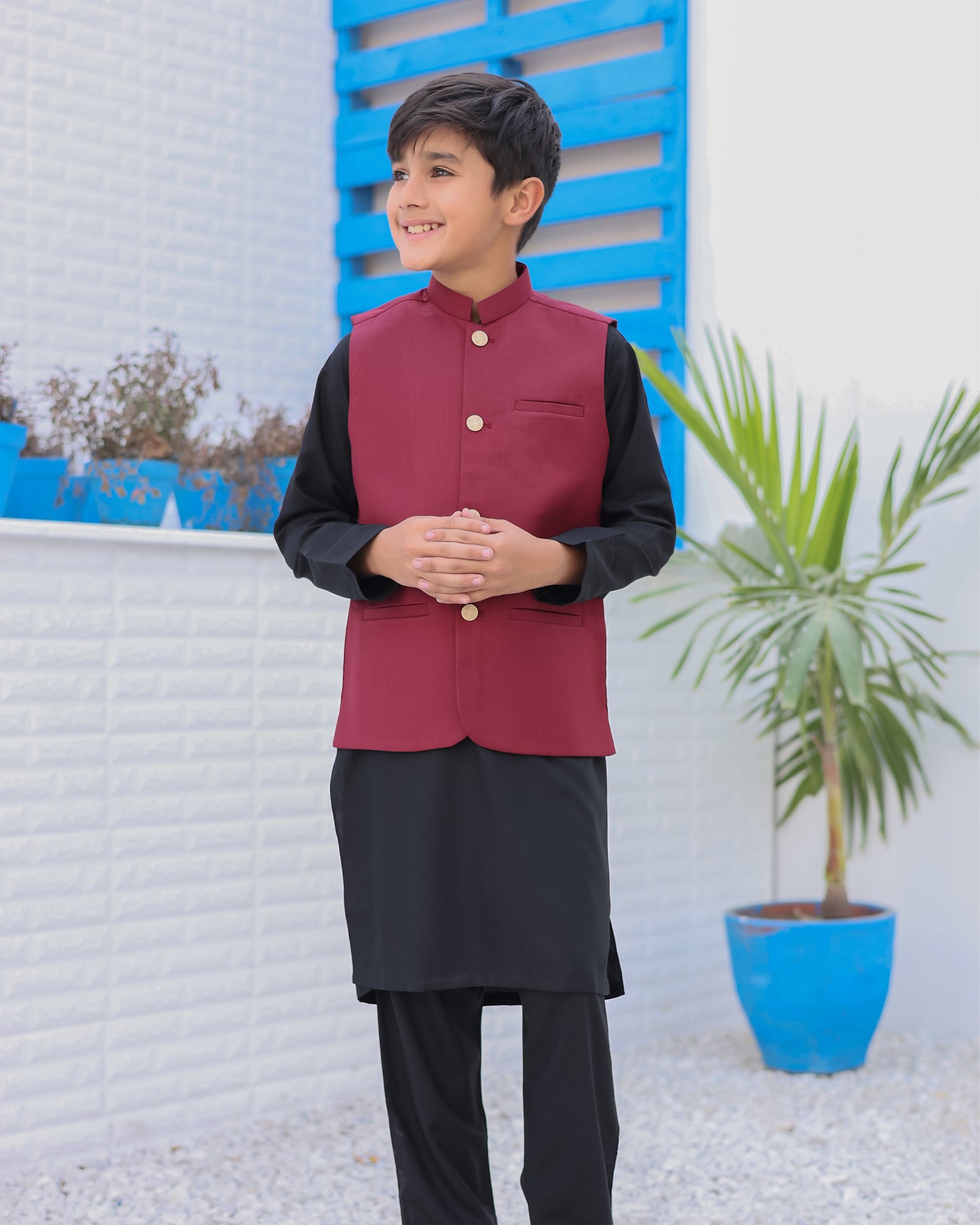 Black Kurta Trouser with Maroon Suiting Waistcoat - Kids