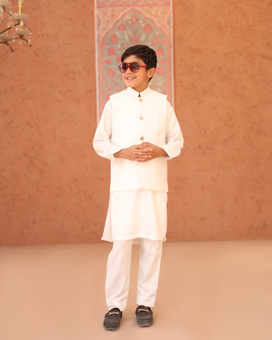 Off White Kurta Trouser with Suiting Waistcoat - Kids