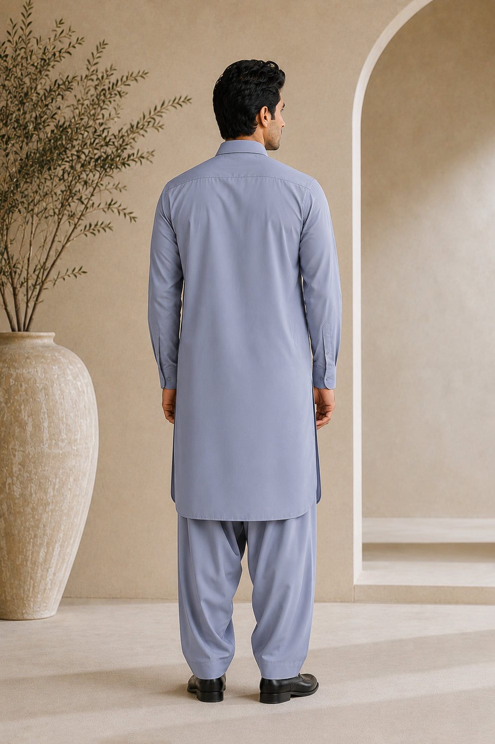 Silver Gray French Collar Shalwar Kameez - Stitched
