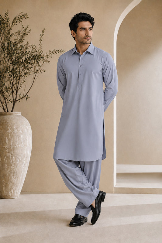 Silver Gray French Collar Shalwar Kameez - Stitched