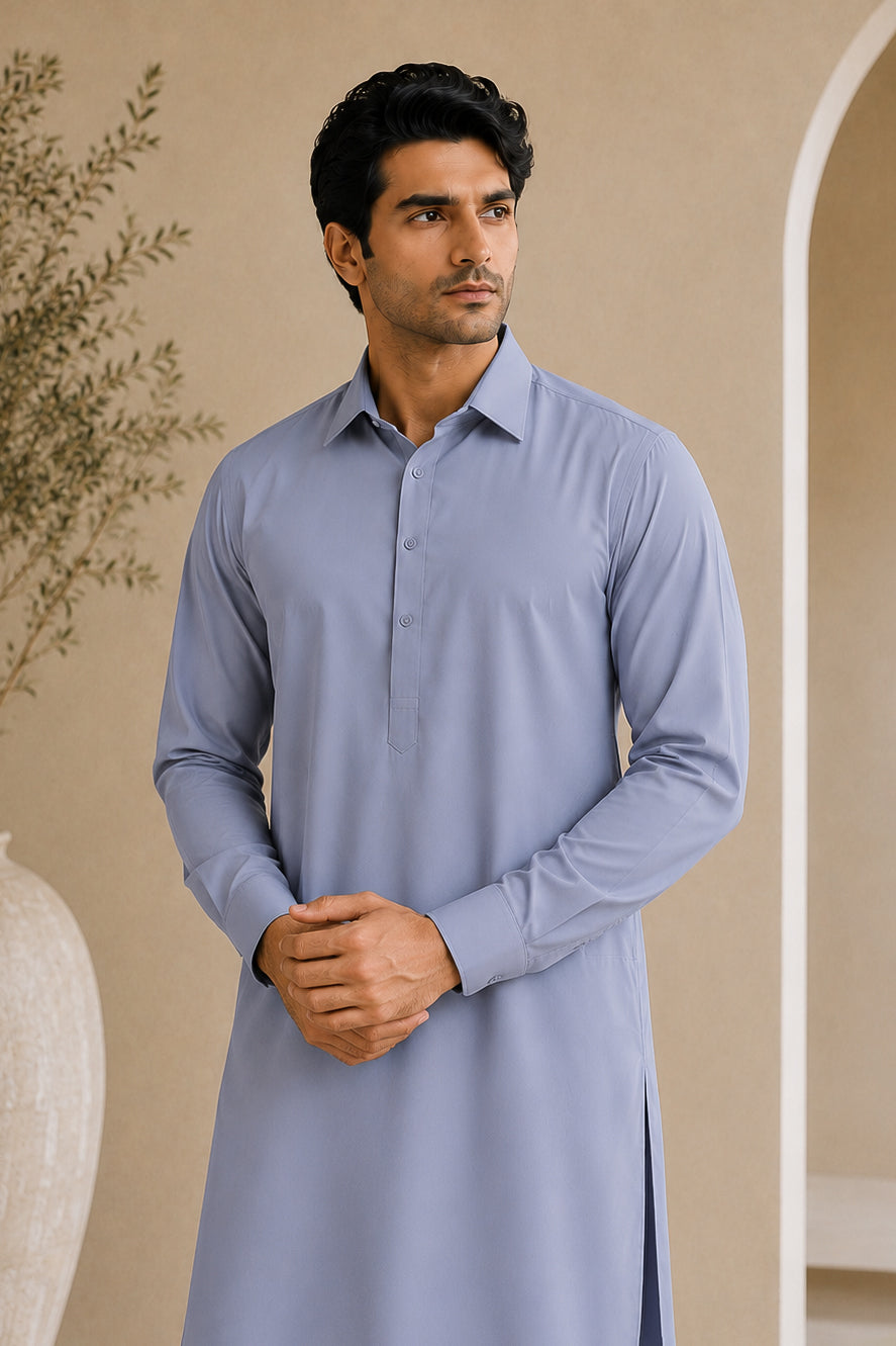 Silver Gray French Collar Shalwar Kameez - Stitched