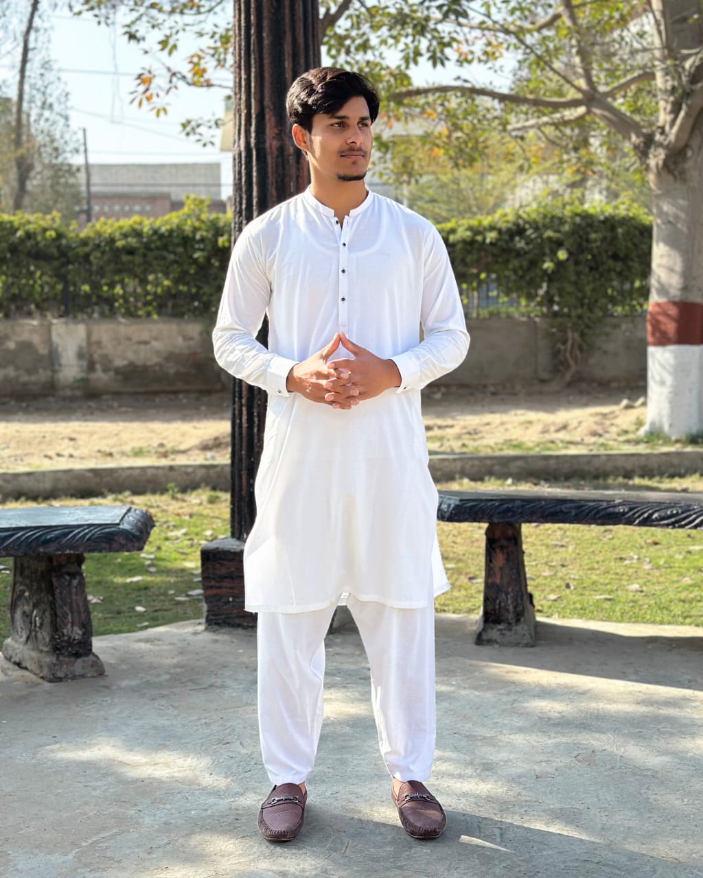 White Cotton Shalwar Kameez - Stitched - Mazham