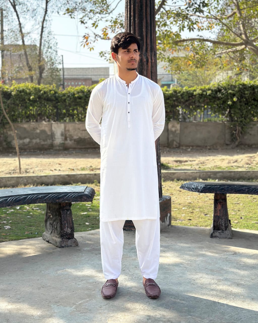 White Cotton Shalwar Kameez - Stitched - Mazham