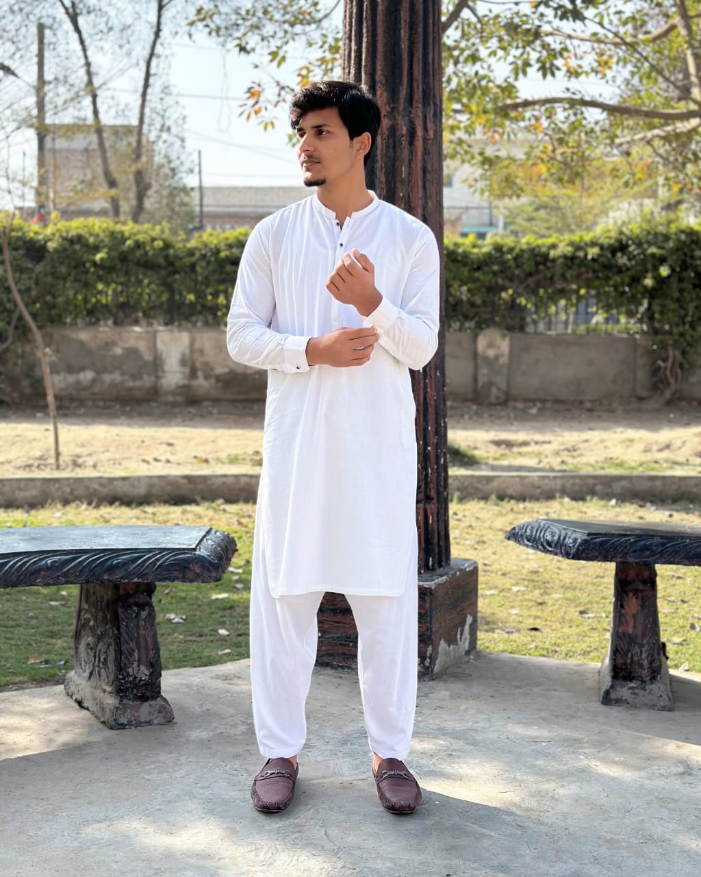 White Cotton Shalwar Kameez - Stitched - Mazham