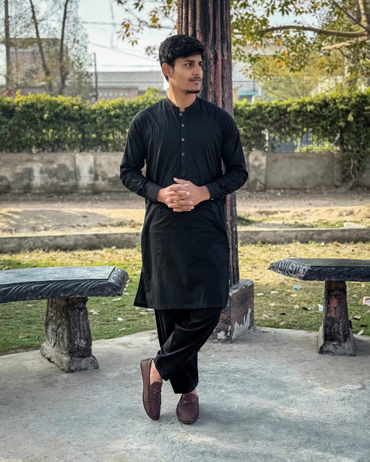 Black Cotton Shalwar Kameez - Stitched - Mazham