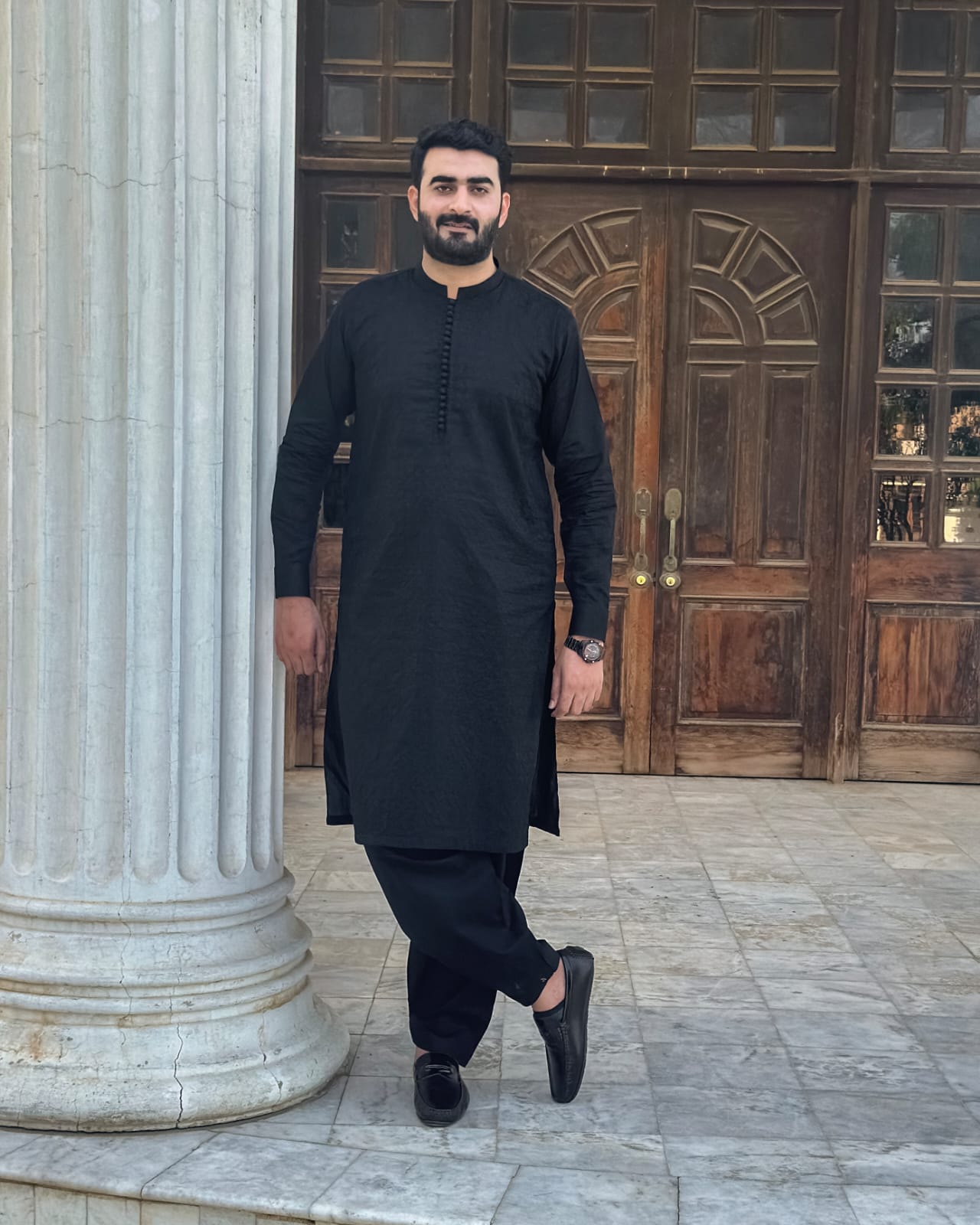 Black Cotton Shalwar Kameez Embroidered Front - Stitched - Mazham