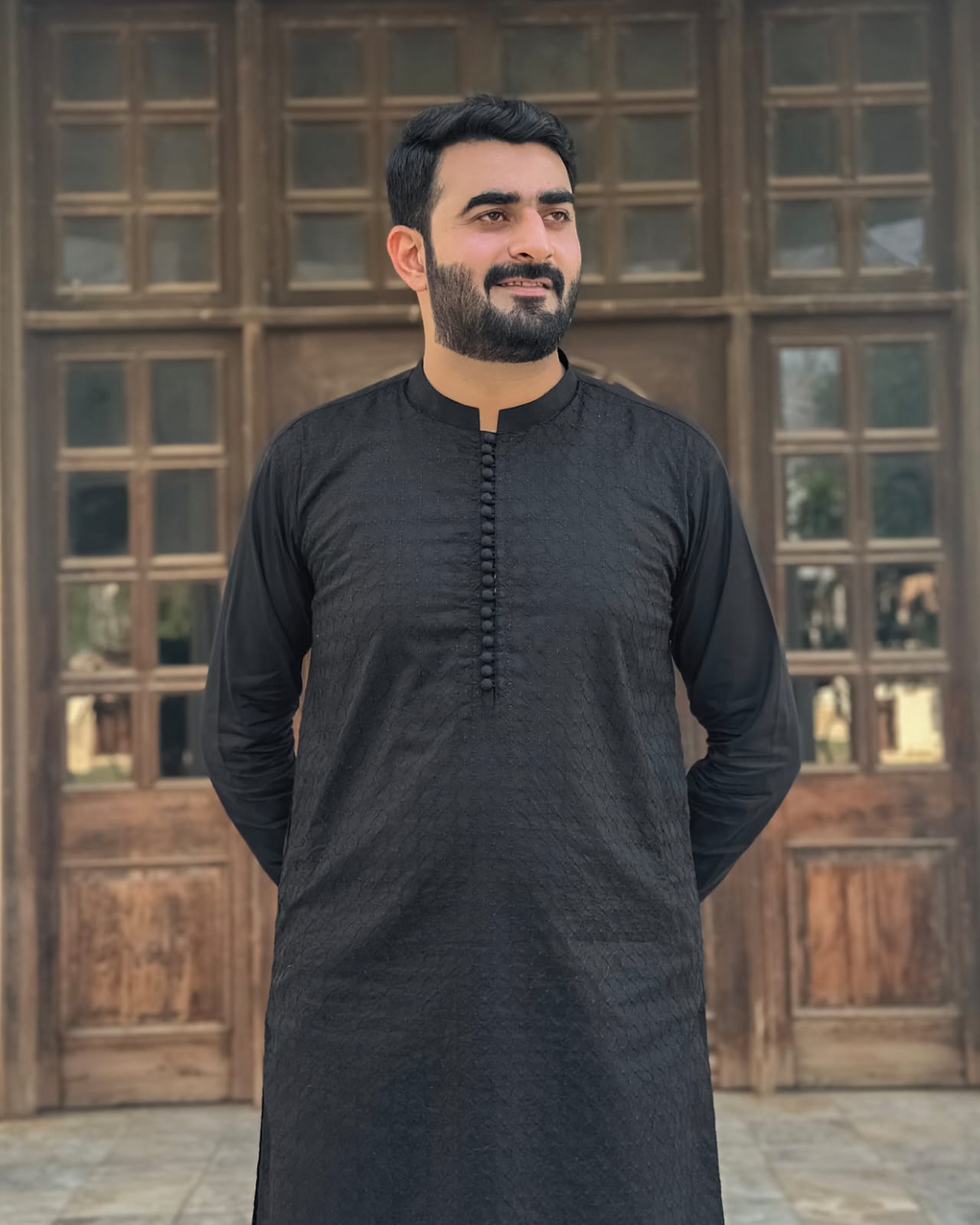 Black Cotton Shalwar Kameez Embroidered Front - Stitched - Mazham