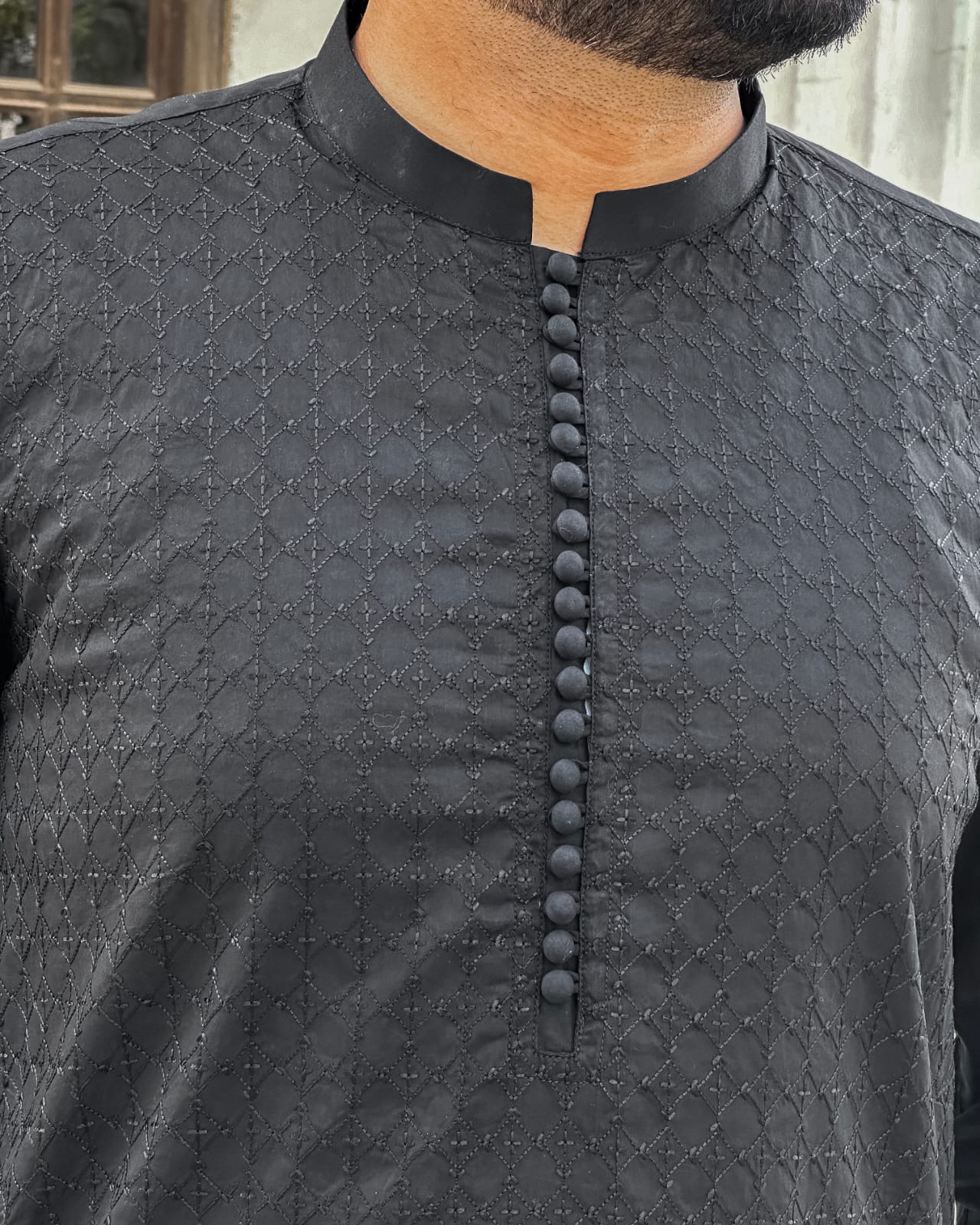 Black Cotton Shalwar Kameez Embroidered Front - Stitched - Mazham