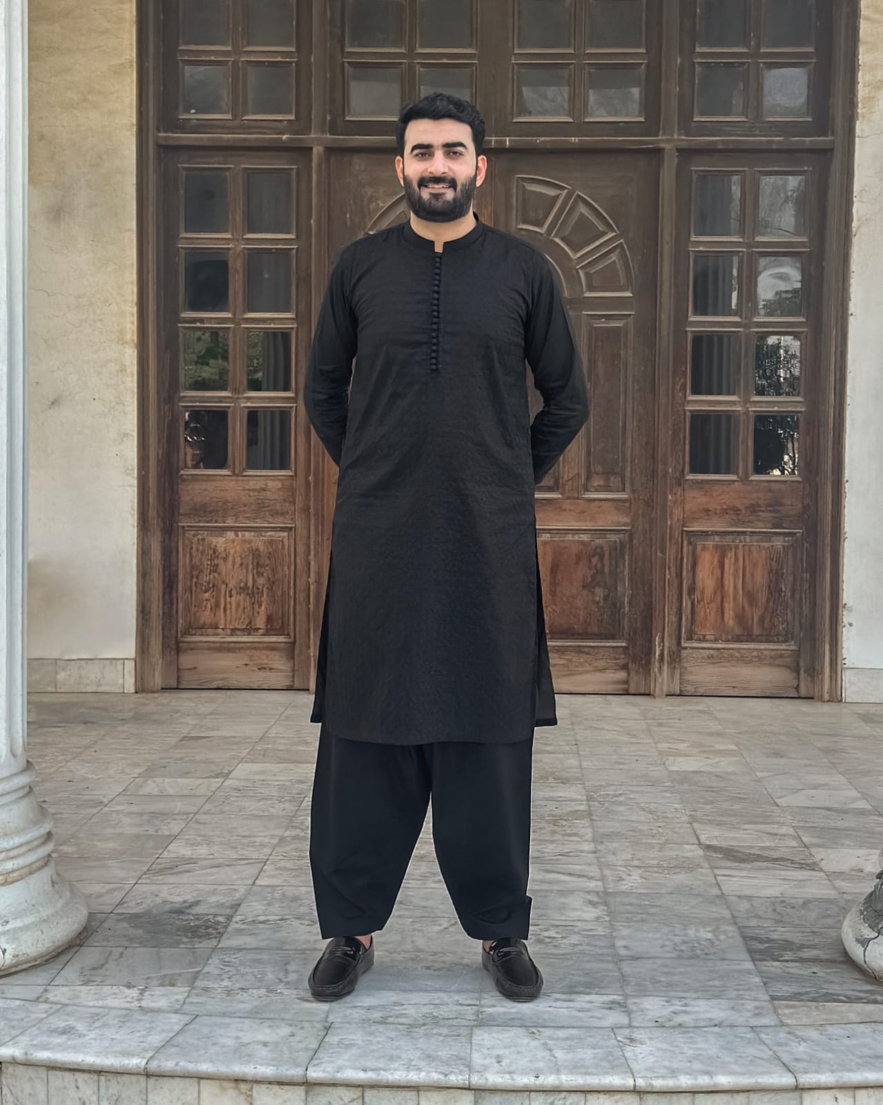 Black Cotton Shalwar Kameez Embroidered Front - Stitched - Mazham