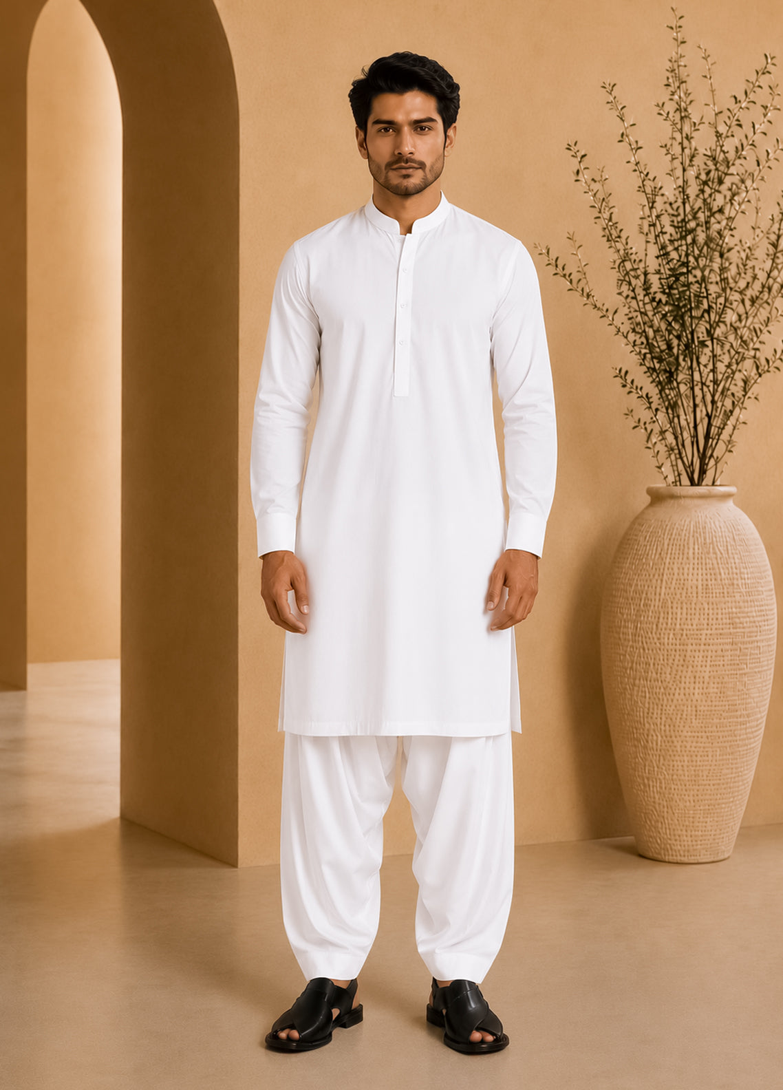 White Cotton Shalwar Kameez - Stitched